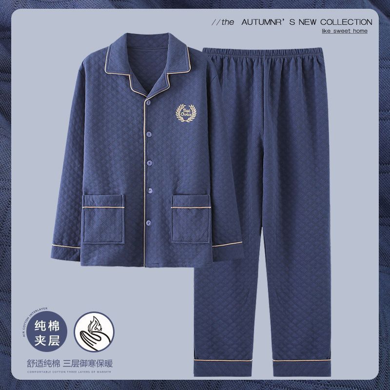 El otoño y el invierno 100% algodón espesado pijamas de los hombres de invierno capa intermediaria traje de primavera y otoño de algodón de aire desgaste del hogar