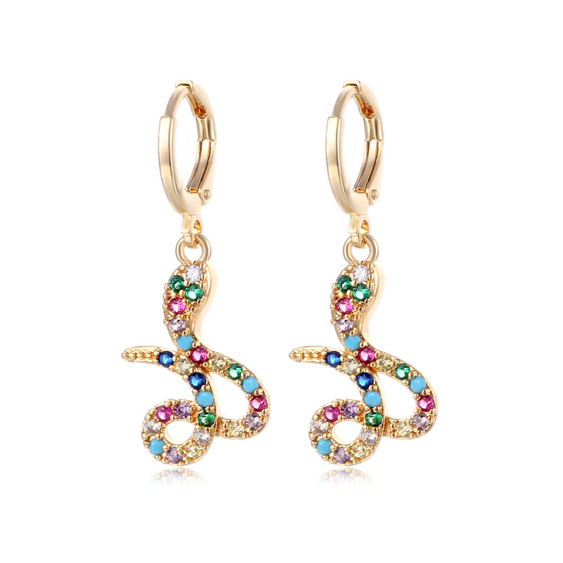 Fashion Vintage Snake-shaped Copper Inlaid Color Zircon Earrings Wholesale Nihaojewelry display picture 1