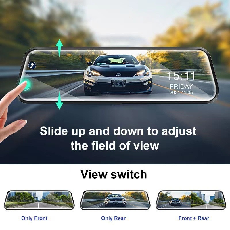 Full-screen 10inch rearview mirror dashcam with front and rear dual cameras, high-definition night vision, and streaming video for car use