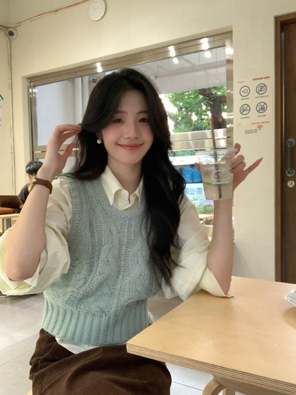 韩系学院风套装女气质Polo领衬衫上衣春秋叠穿针织马甲背心两件套|undefined