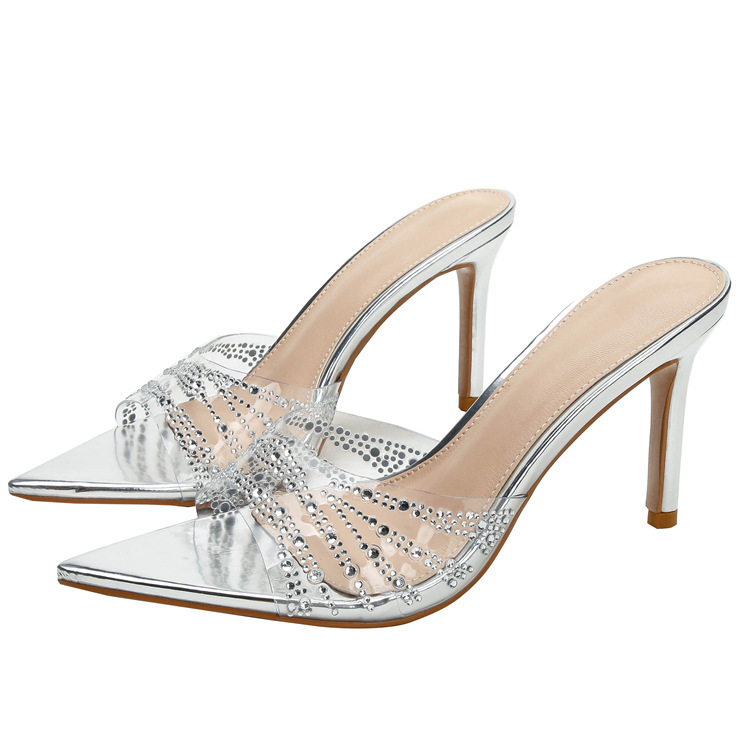 2026 Summer French-Style Pointed-Toe Transparent Tpu Sandals for Women, with Thin Heels, Single Strap, Rhinestone Decoration, and Breathable