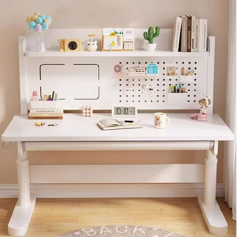 Solid Wood Desk with Manual Height Adjustment, Children's Study Desk for Home Use in Bedroom, Elementary School Student Study Desk with Pegboard Writing Table