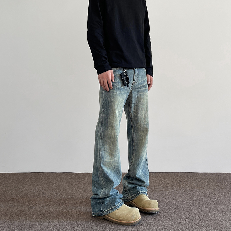 Men's Jeans, Men's Style, Distressed Bamboo Pattern, Trendy Brand, New American Style, Loose Retro, Slightly Flared Casual Long Pants for Men