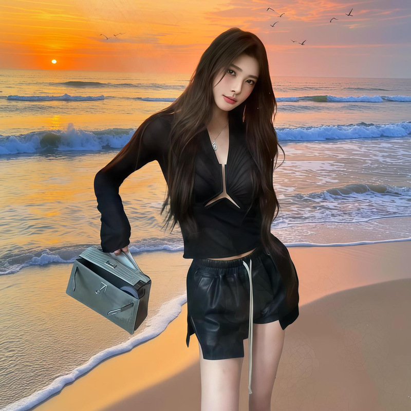 Dark Style Pu Shorts with Leather Slits, Sexy Color-Blocking, Exposed Pockets, Elastic Drawstring, Versatile Women's Shorts