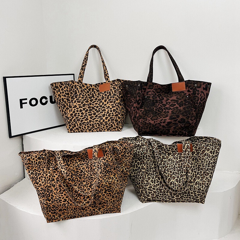 Niche Leopard Print Canvas Tote Bag Women's Bag Casual Large Capacity Fashionable Handbag Korean Style Stylish Shoulder Crossbody Bag