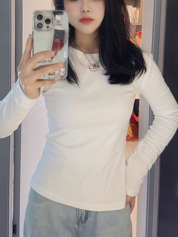 浅灰色纯棉正肩修身打底衫t恤女内搭秋冬小个子可外穿高级感上衣|undefined