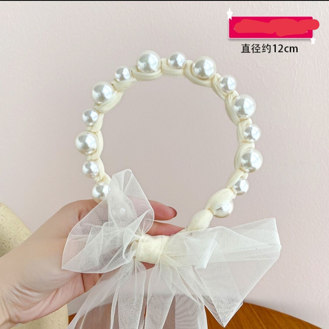 Estilo coreano niñas perla diadema Super hadas malla arco cinta princesa accesorios para el cabello atado trenza tocado niña de las flores