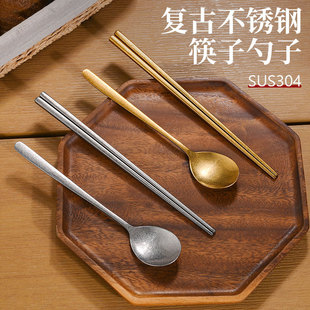 Factory Direct Supply Retro Korean-Style 304 Stainless Steel Chopsticks, Vintage Spoons, Knives, Forks, Commercial Non-Slip Square Chopsticks Tableware
