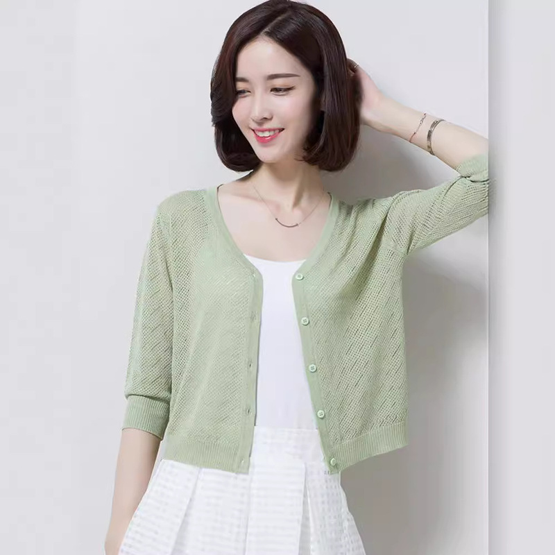 [Global Selection] Ice Silk Knitted Cardigan for Women, Thin Round Neck Hollow Out Sun Protection Air Conditioning Shirt, Mulberry Silk Top for Summer