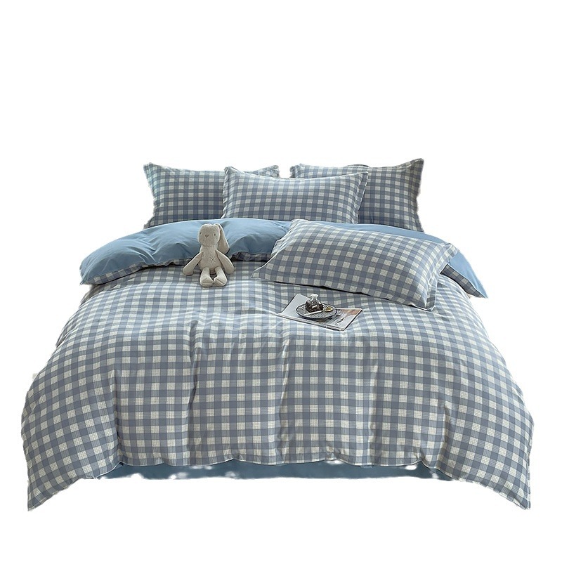 Brushed Cotton Four-piece Bedding Set With Solid Plaid Duvet Cover_voghion.com