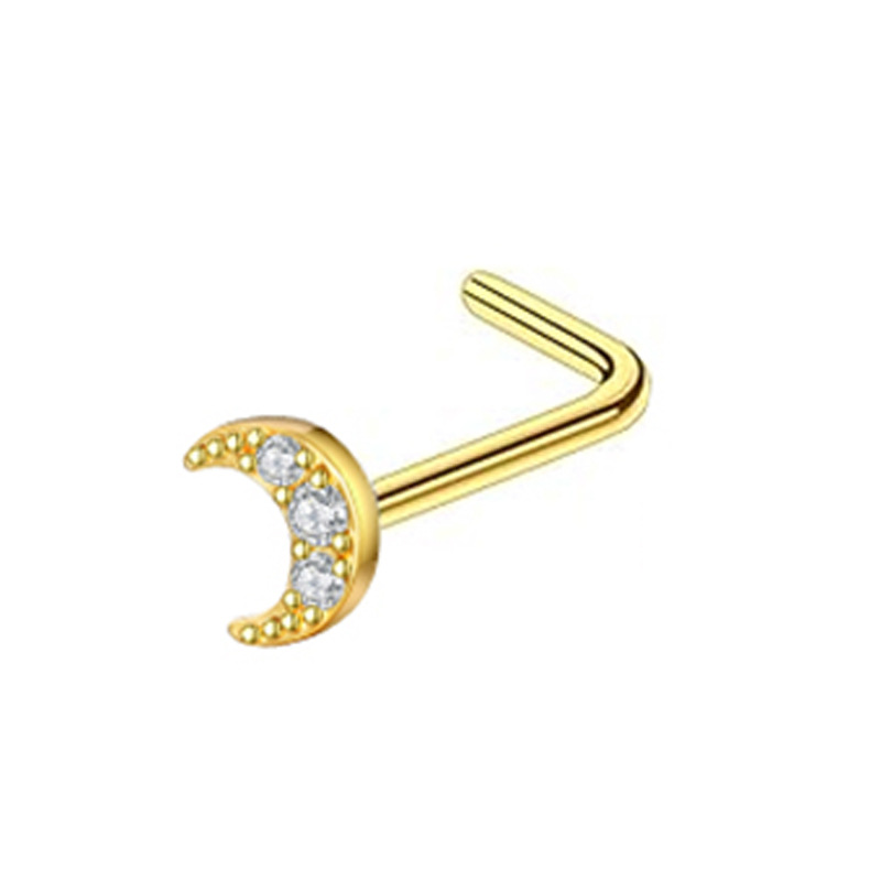 Stainless Steel Nose Stud With Zircon Stone L-shaped Piercing_voghion.com