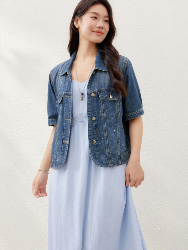 [Denim Starry Sky] アメリカンレトロヘビーデューティーホットダイヤモンドデニムジャケットスリムプラスサイズ女性服ファットmm夏の新スタイル|undefined