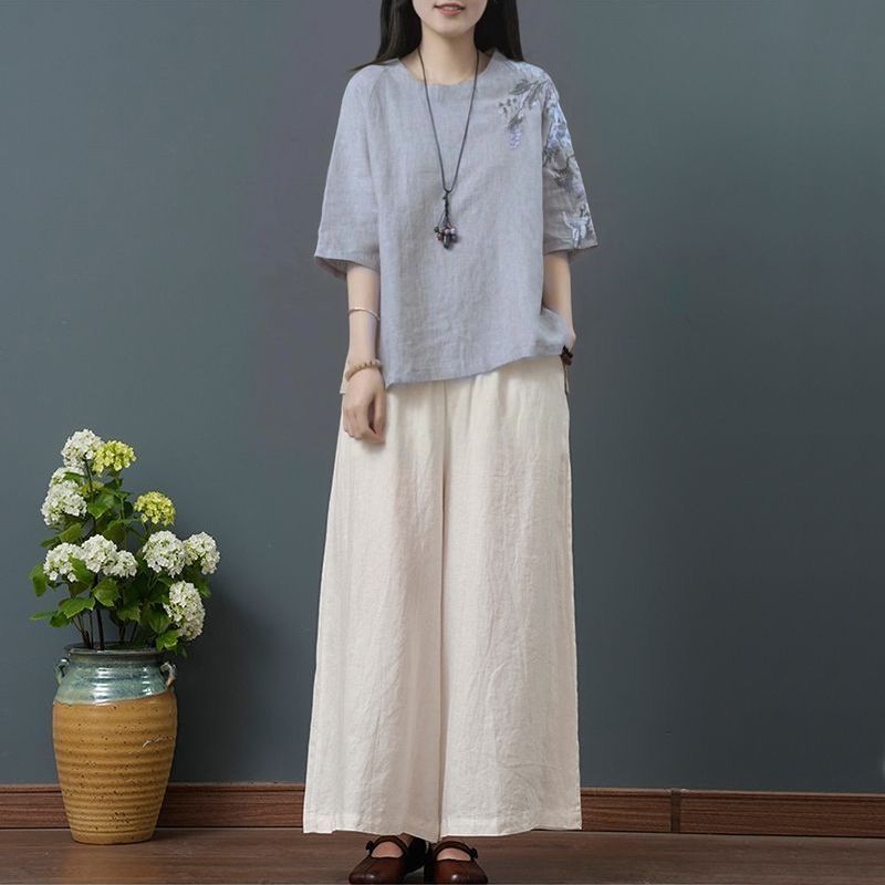 ゆったり大きいサイズの婦人服中年ママ夏リネン刺繍綿麻トップスレディース半袖Tシャツ9点パンツスーツ|undefined
