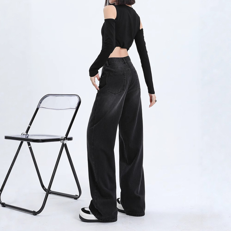 ブラックグレーハイウエストワイドレッグジーンズ女性のための夏の2025トレンディな多用途の新しいルーズスリムドレープストレートパンツ|undefined