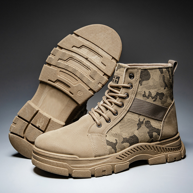 Men's Autumn and Winter Thickened High-Top Martin Boots, Canvas, Warm, Lace-Up, Retro Camouflage Style, Work Safety Shoes for Men