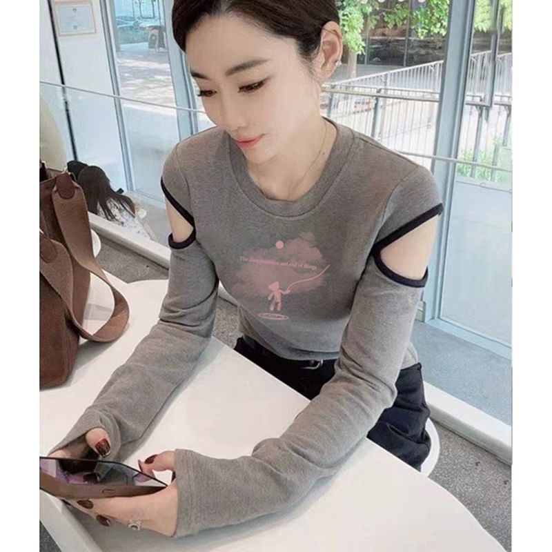 秋季新款破洞设计感长袖打底衫女洋气减龄T恤修身纯棉上衣潮|undefined