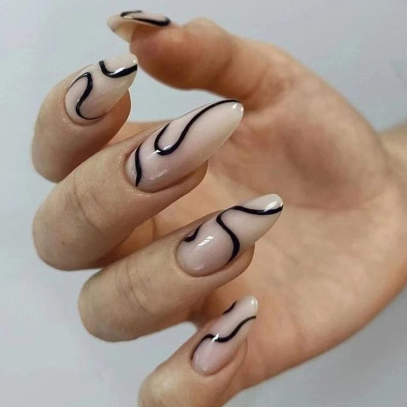 Simple Almond Armor Black Beauty Curved Corrugated Nail Art Irregular Lines European and American ins Style Wearing Armor Finished Product Batch