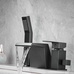 Bathroom Waterfall Bathtub Faucet Three-Hole Hot and Cold Dual-Control Cylinder Side-Mounted Faucet Pull-Out Shower Three-Piece Set