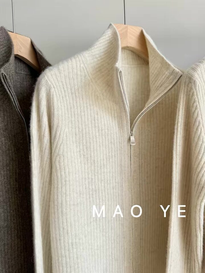 Áo khoác cardigan len lông cừu nguyên chất dài tay cổ bán cao, khóa kéo đôi, sọc gân dọc tôn dáng — Màu cà phê, Màu tự nhiên, màu đen chi tiết 8