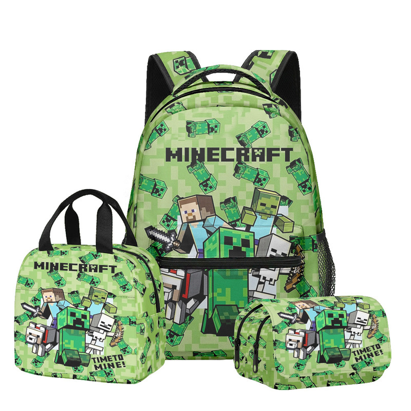 3D New Product Minecraft Minecraft Primary and Secondary School Student Schoolbag Backpack Lunch Bag Double-Layer Pencil Case Three-Piece Set