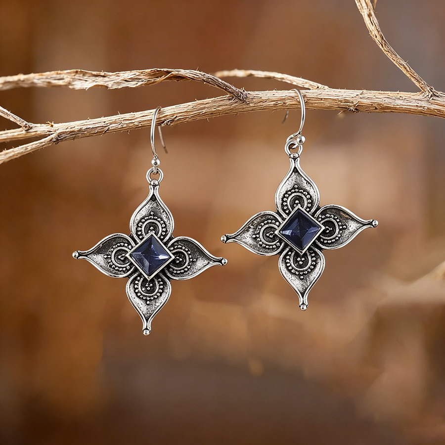 Cross-border Europe and the United States new retro inlaid sapphire flower earrings fashion simple niche creative jewelry women wholesale