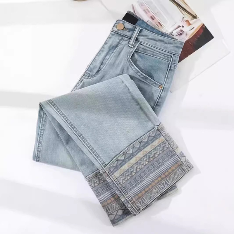 Explosive Niche Retro Ethnic Style Jeans Girls Summer Casual Slim-fit Slimming Cropped Straight Pants Trendy for Children