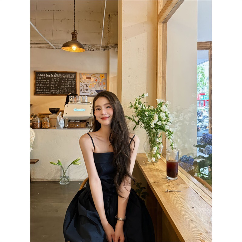 正しいバージョン！シンプルなソリッドカラーのリボンストラップサスペンダードレス女性の夏休みカジュアルシリーズロングスカート|undefined
