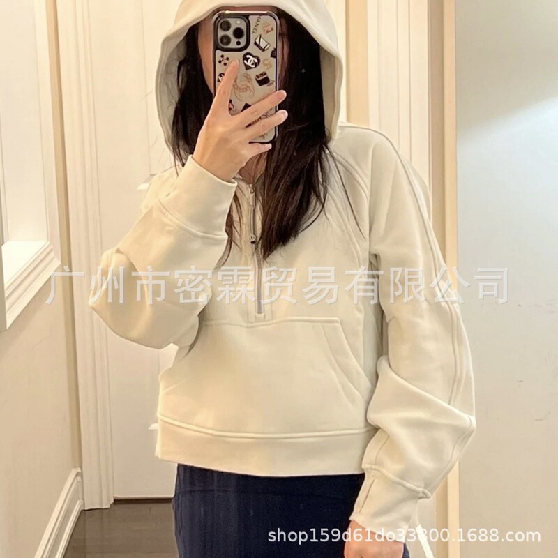 Lulu Embroidery Original Label Scuba Loose Sweatshirt Half Zipper Hooded Yoga Jacket Plus Velvet Short Casual Women's Clothing