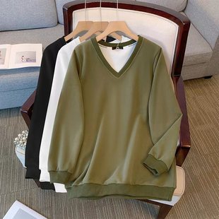 60.00 kg-175.00 kg plus size Women's 2024 Fall/Winter New Solid Color Chubby Sister V-neck Sweat Loose Korean Long Sleeve Top