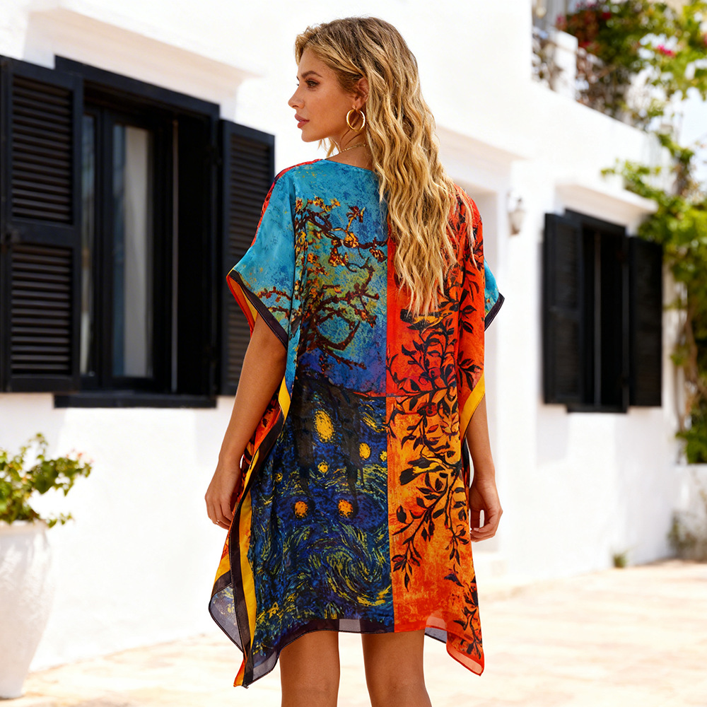 2026 explosión de ropa de moda europea y americana bikini playa blusa multicolor graffiti falda protectora solar chal