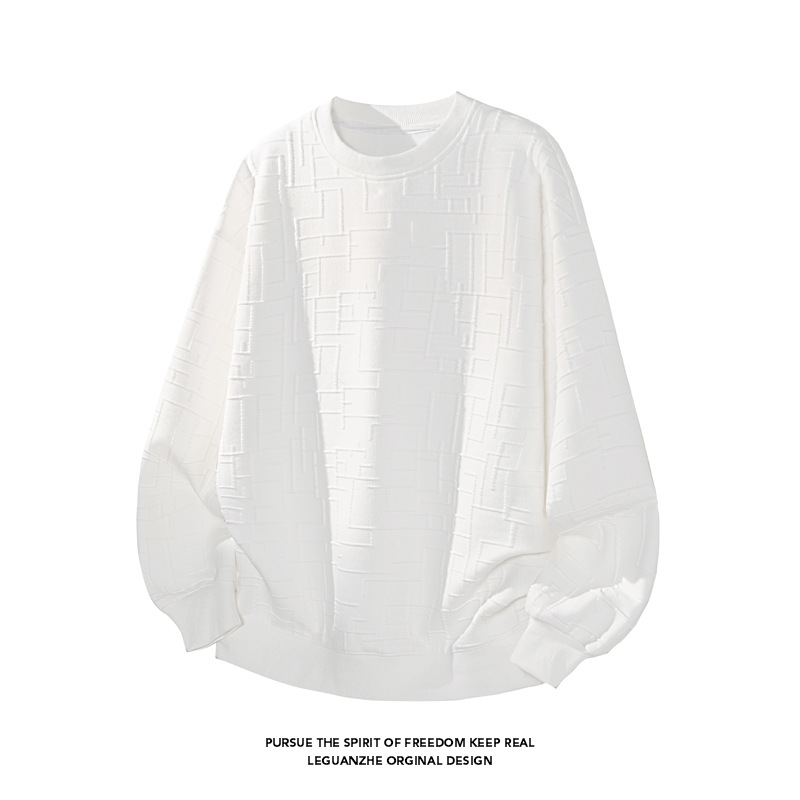 Cleanfit witte sweater met textuur voor dames en heren, retro T-shirt met ronde hals en lange mouwen in Amerikaanse stijl voor de herfst._voghion.com