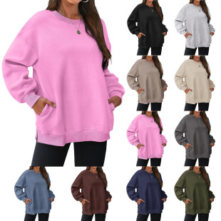 Amazon explosions fleece-lined thick long sleeve sweater women's 2024 autumn and winter new loose top foreign trade wholesale