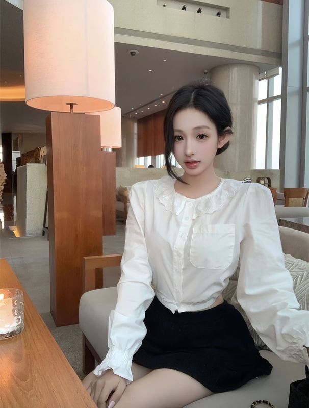 南油早秋高定小香风法式蕾丝荷叶边白色衬衫女气质百搭显瘦送胸针|undefined
