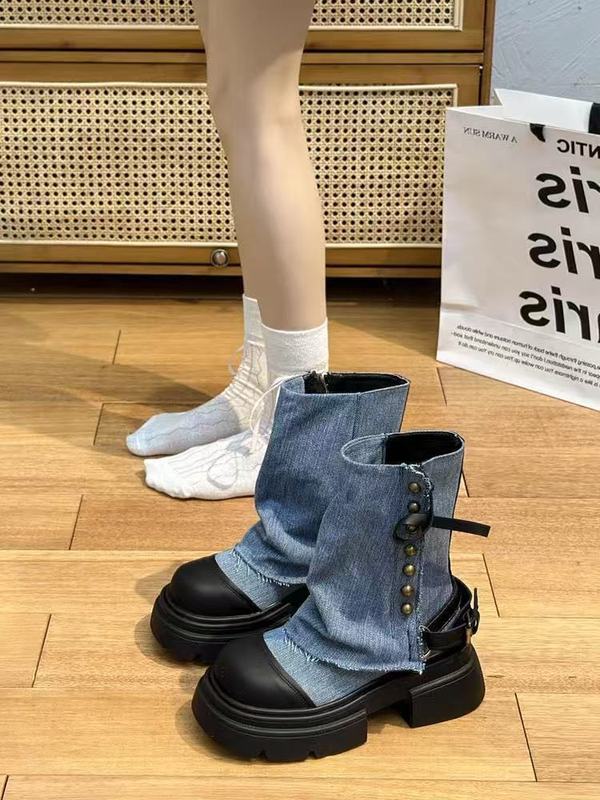 厚底马丁靴女夏季2025新款秋季爆款西部牛仔布单靴英伦风裤管短靴|undefined