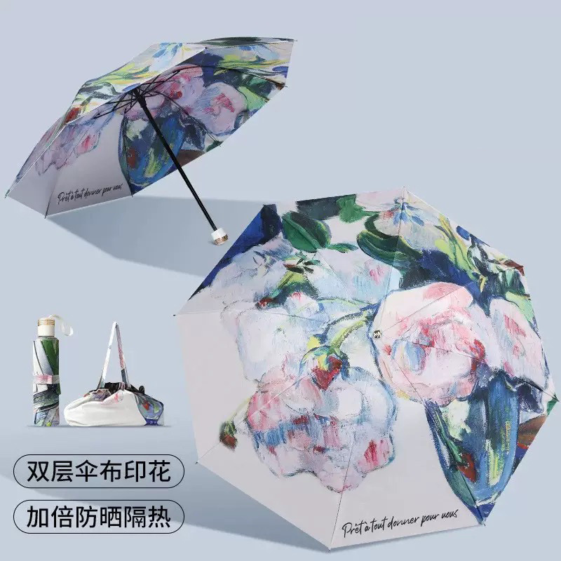Double-Sided New Style Double-Flower Black Vinyl Sunshade Umbrella, Sun Protection and Uv Protection, Oil Painting Umbrella, Rain or Shine Dual-Use Sun Umbrella, Chinese Style