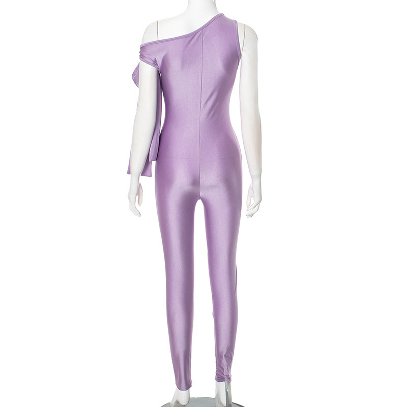 Women Clothing Summer One Shoulder Sexy Twisted Asymmetric Tight Jumpsuit