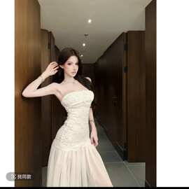 灰尘邓邓 法式抹胸连衣裙女2026夏季新款重工a字裙蕾丝拼接长裙子