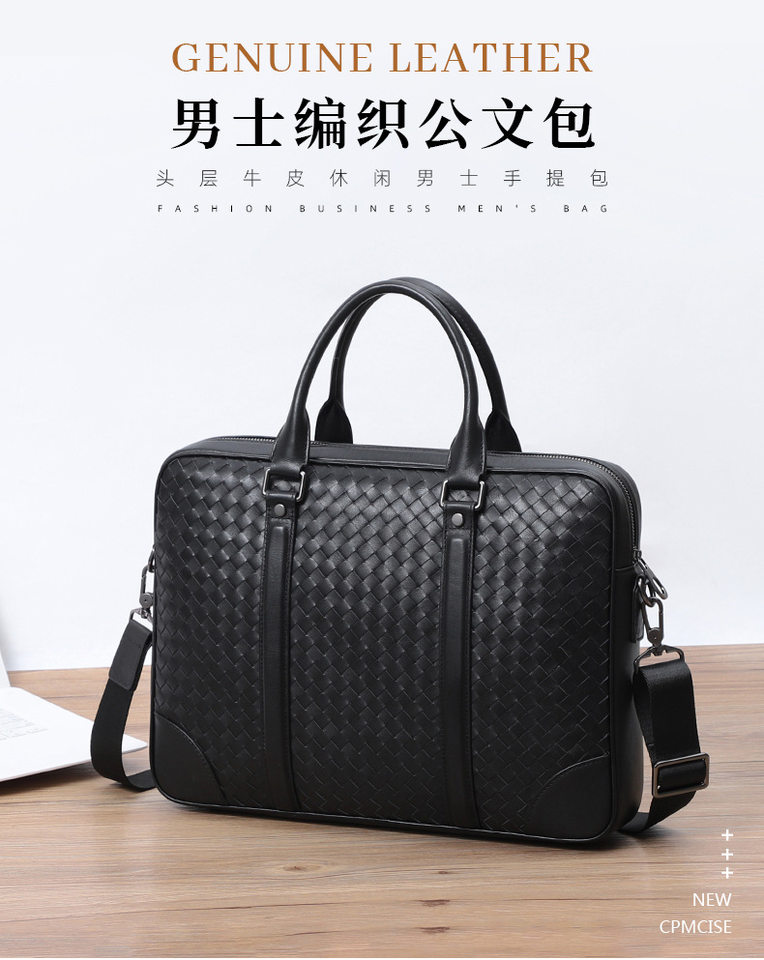 Túi xách tay nam da bò thật đan thủ công, túi đeo chéo một vai kiêm túi đựng laptop 39×7,5×28 cm — Màu đen chi tiết 1