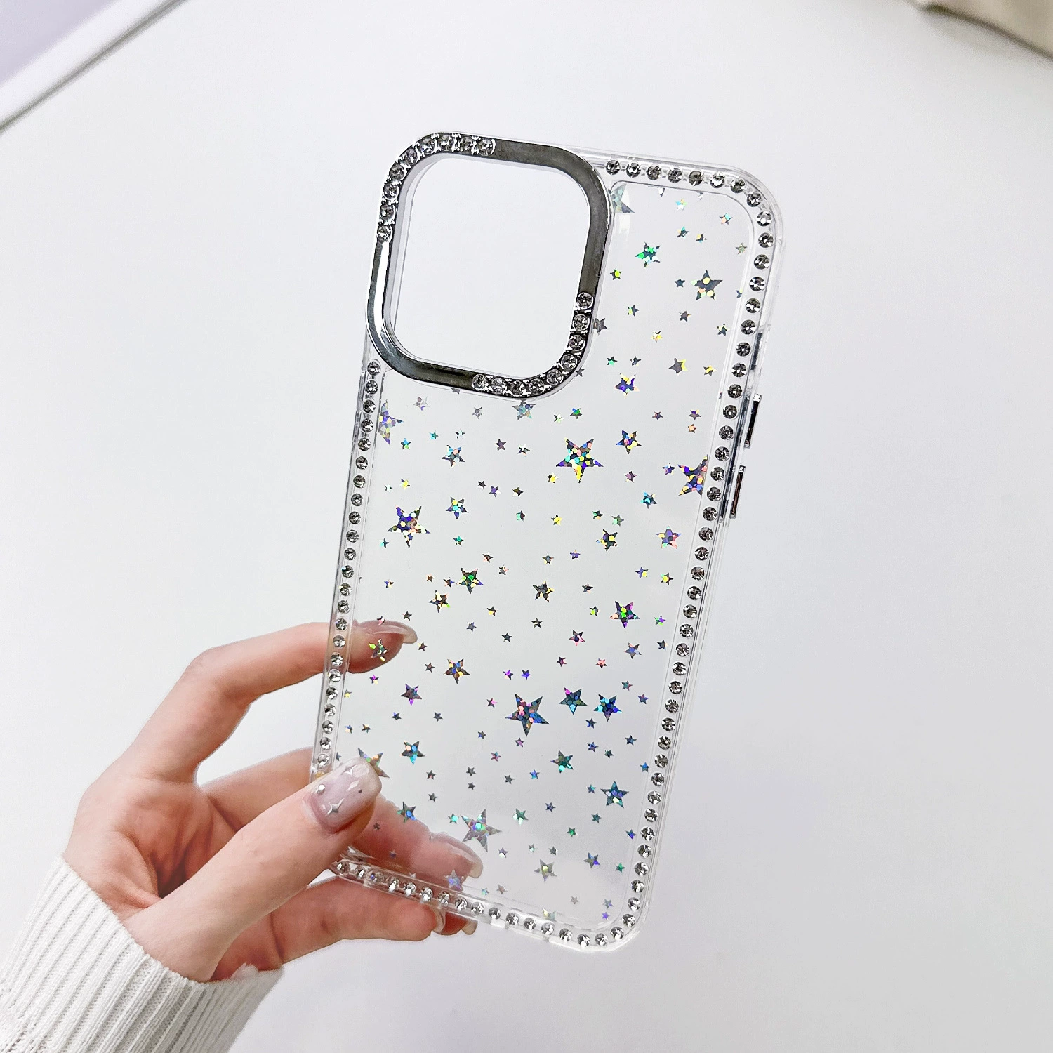 Чехол для Apple iPhone 17 (совместимый) — прозрачный с бриллиантовой рамкой и лазерным звездным блеском, лёгкая роскошь