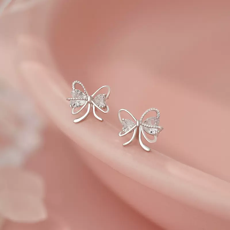 雍程S925纯银蝴蝶结耳钉公主可爱清新甜美氛围感轻奢精致耳饰代发