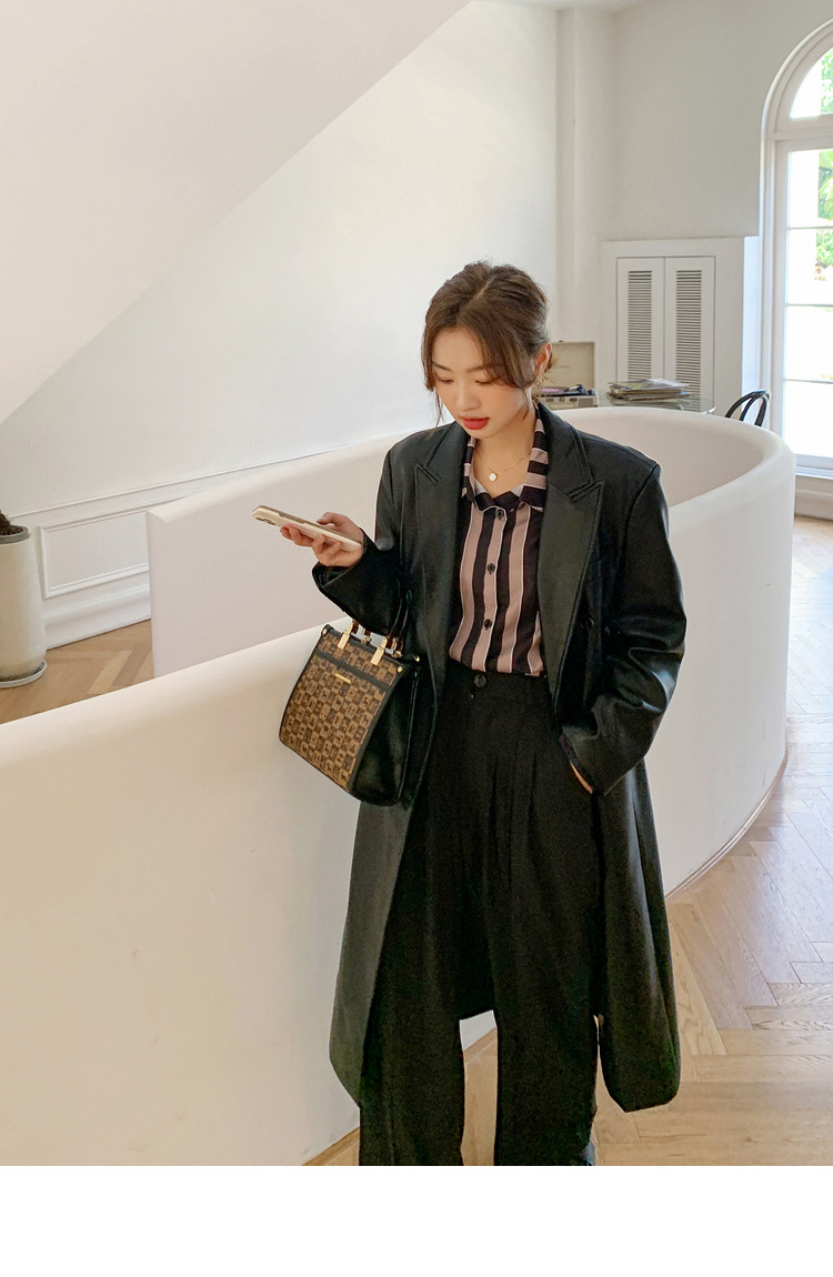Women's Black Pu Leather Blazer Slim Fit Elegant Spring Coat_voghion.com