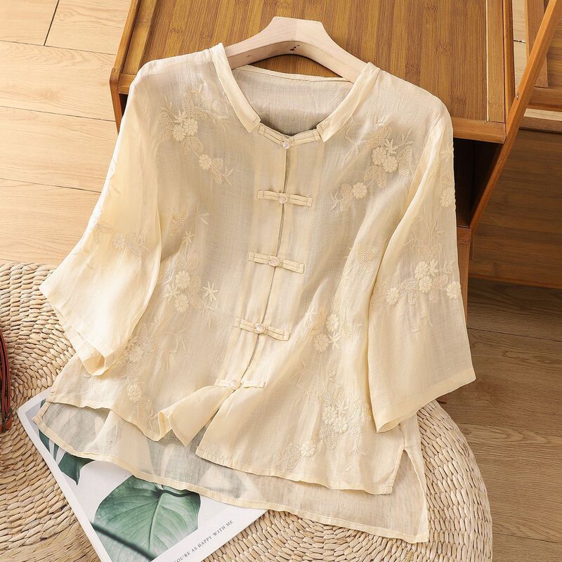 Retro Chinese Style Buttoned Cotton and Linen Shirt for Women, Summer Style Embroidered Cotton and Linen Top, Large Size Mid-Sleeve Tea Shirt