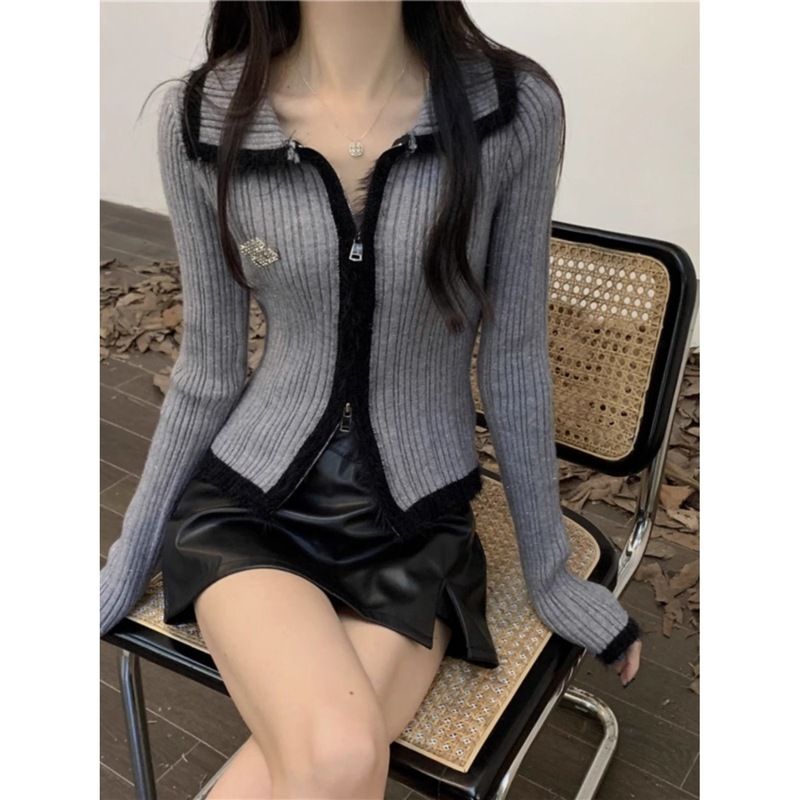 法式秋冬新款圣诞穿搭红色双拉链针织开衫女修身毛衣外套短款|undefined