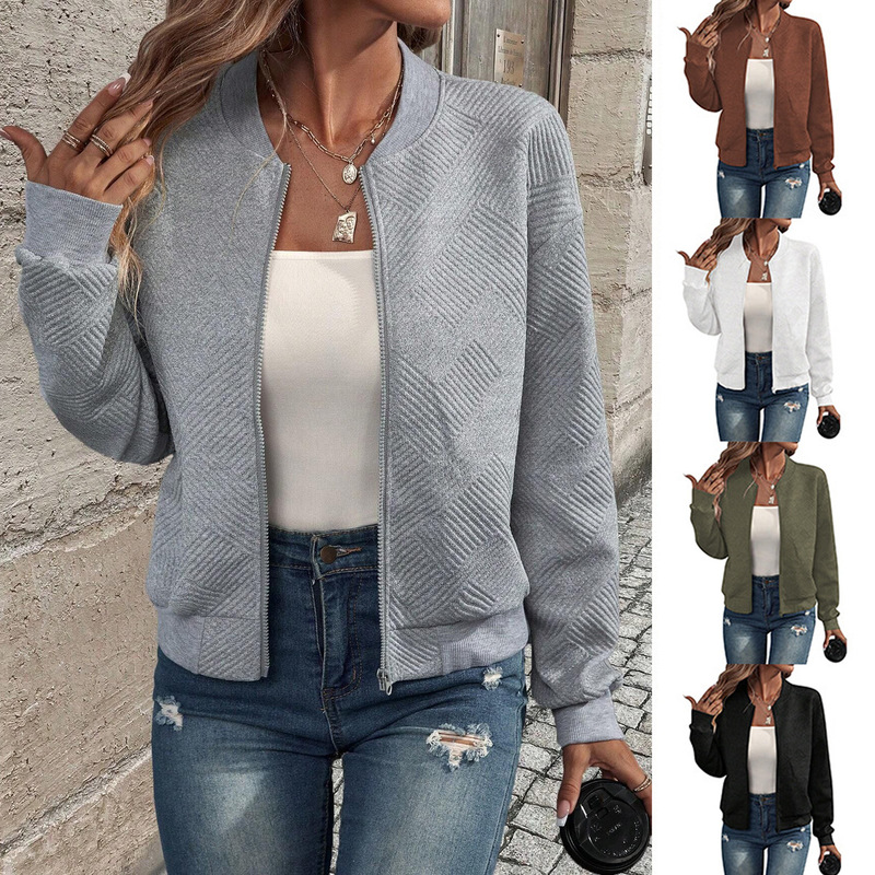 2025 Amazon Autumn and Winter Baseball Round Neck Jacket Women's Solid Color Zipper Jacket European and American Cross-Border Windproof Casual