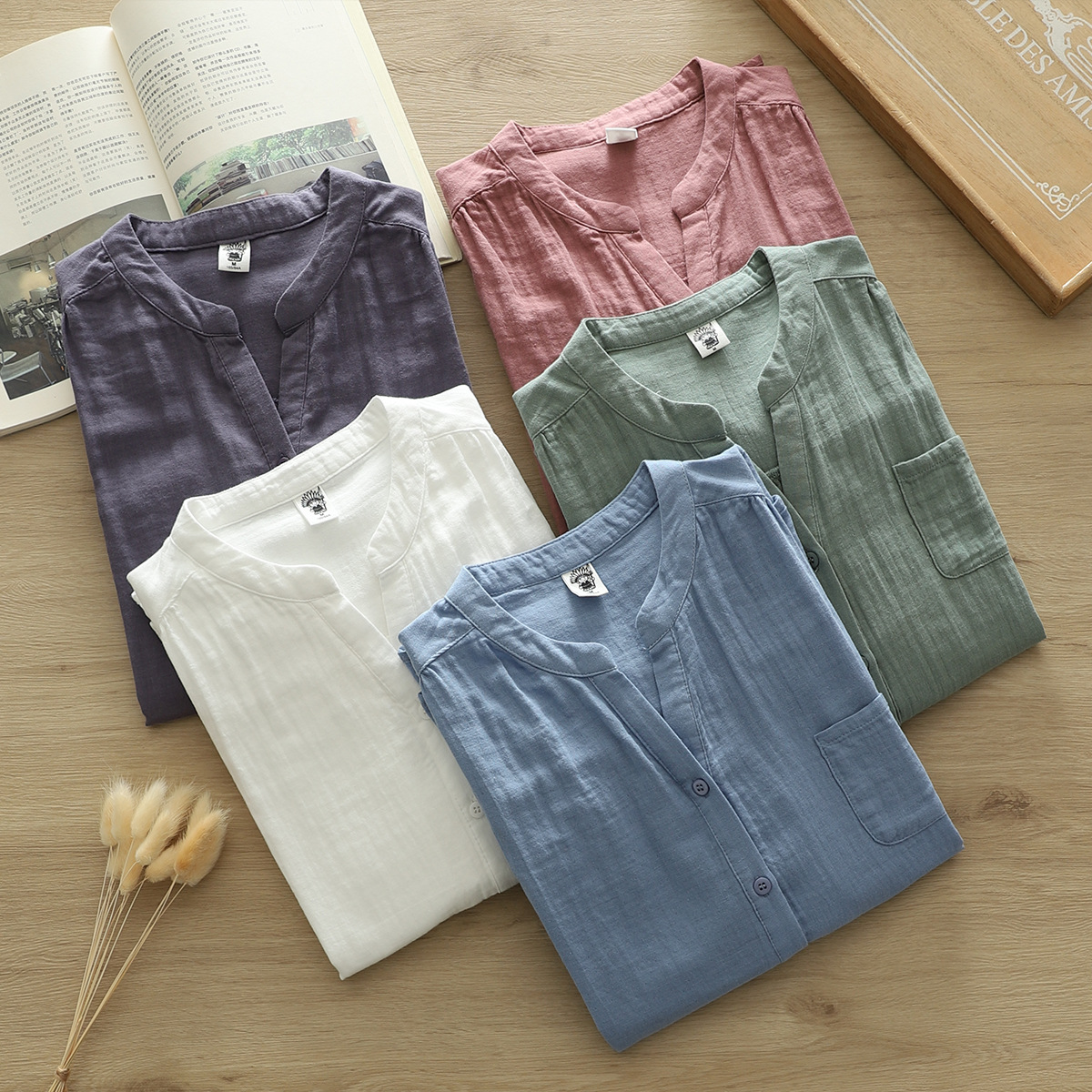 Factory Direct Sales Summer V Neck Double-Layer Yarn Short-Sleeved Pure Color Women's Shirt Loose Simple Shirt