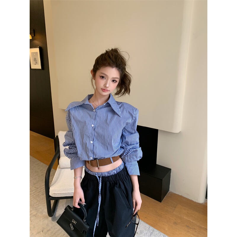 实拍 休闲套装女设计感蓝色条纹衬衫气质小众通勤宽松休闲阔腿裤|undefined