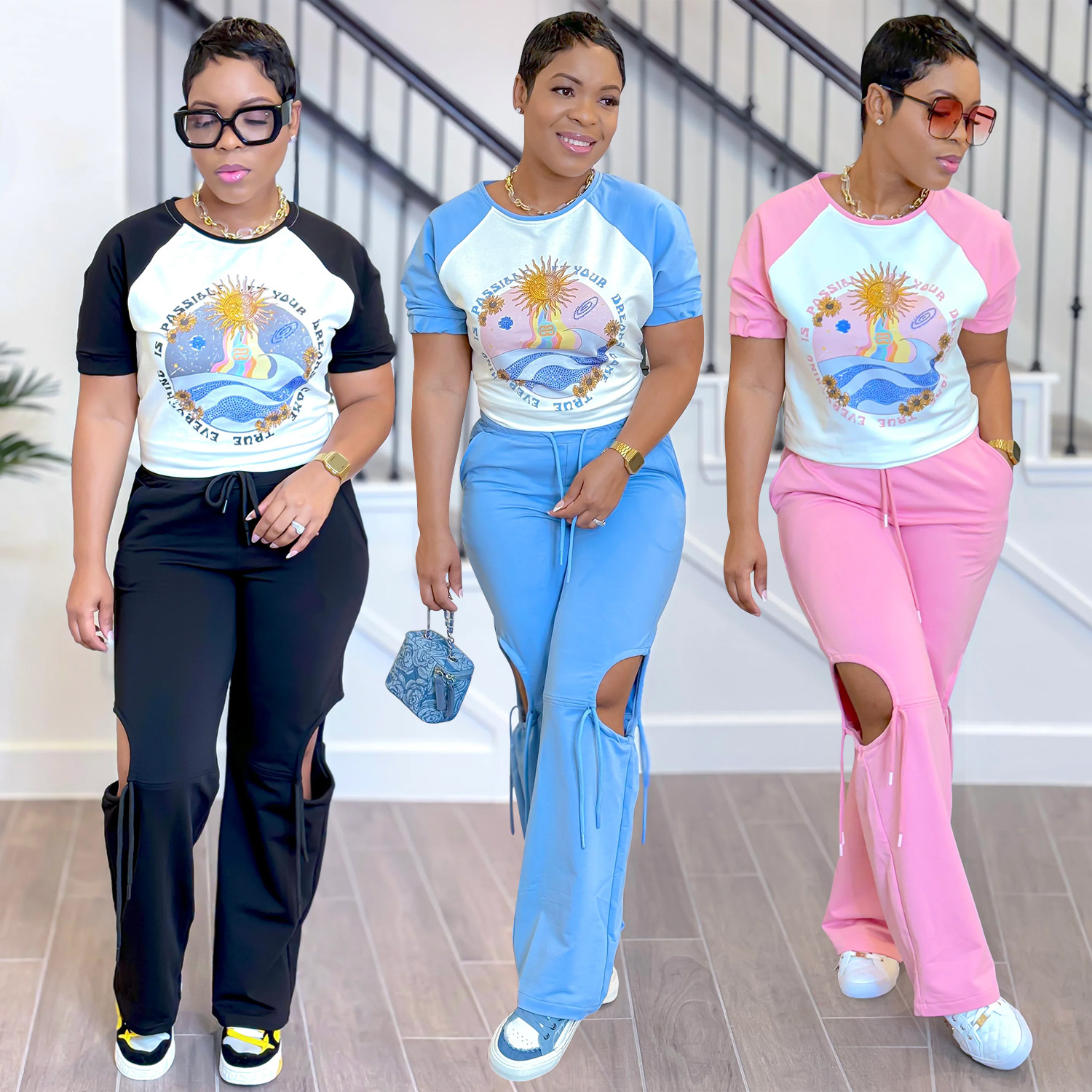 C6998 Aliexpress transfronterizo Amazon estación independiente de moda europea y americana impresión multicolor de ropa de mujer manga corta pantalón largo conjunto