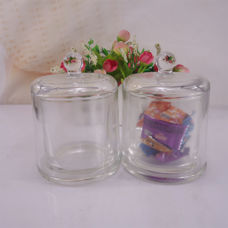 热销带罩玻璃密封罐蜡烛香膏玻璃罐小号圆形家用糖果储物罐批发