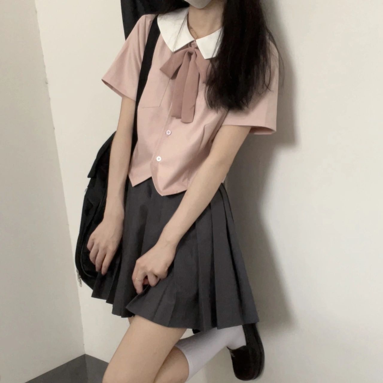 校园穿搭小个子粉色海军领刺绣衬衫套装女学生JK制服百褶裙三件套