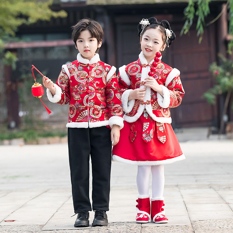 马年新年拜年服男女孩汉服加绒中国风唐装儿童元旦喜庆演出服冬季